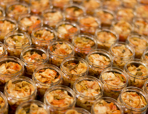 Kimchi freshly packed in Mason jars